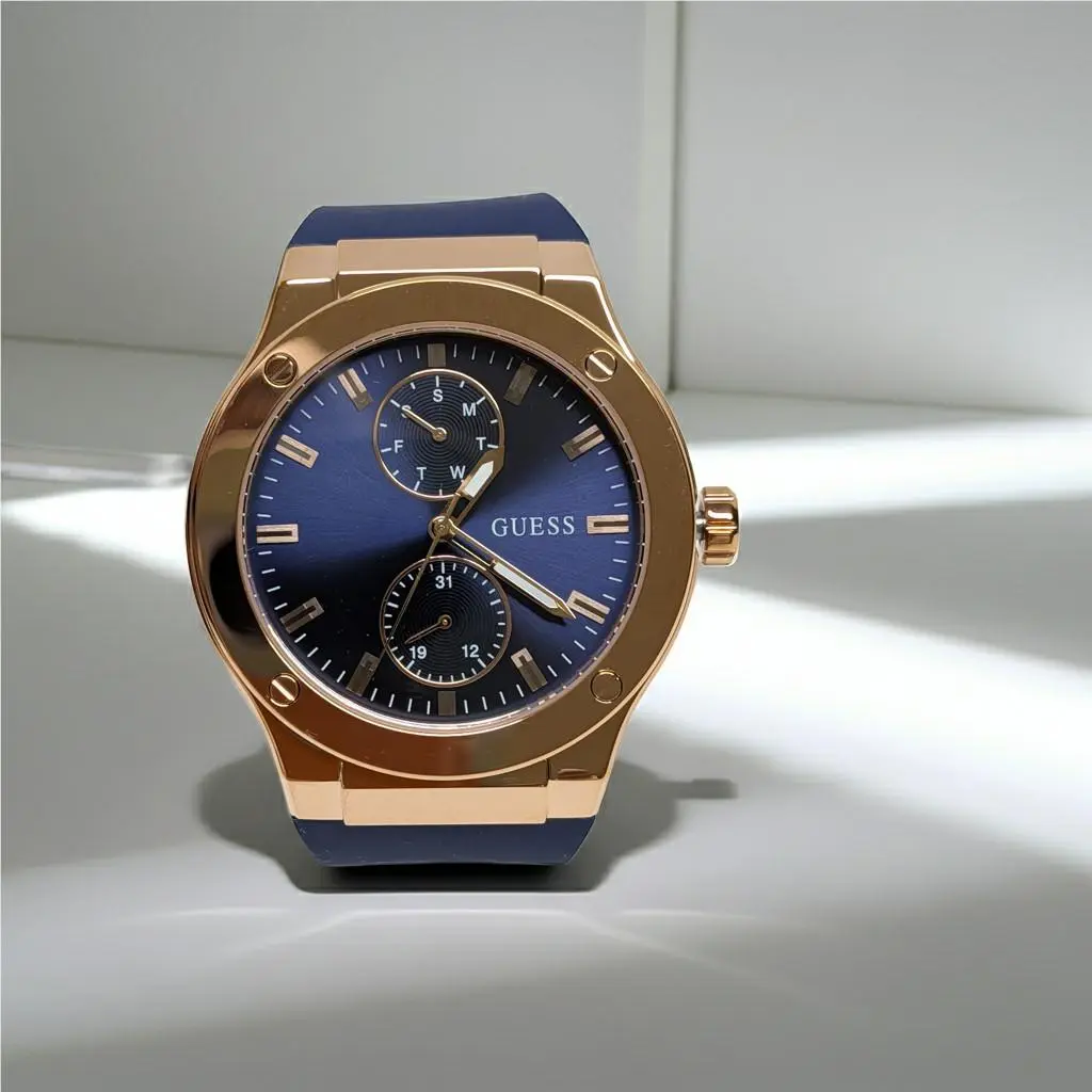Guess Men`s GW0491G4 Blue Rubber Strap Gold Tone Multi-function Watch