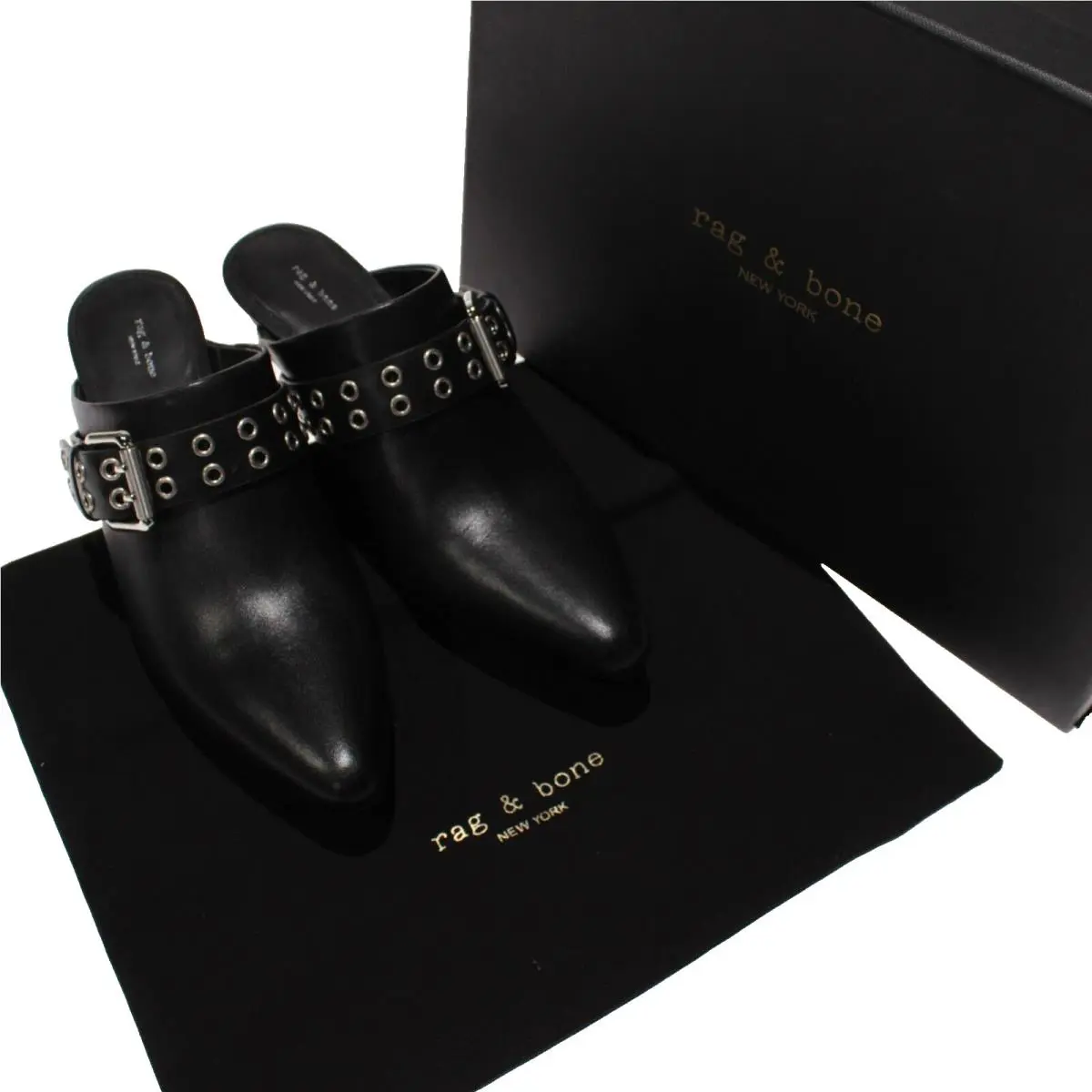 Rag Bone Slip-on Spire Mules w/ Buckles Size 37 US 7 in Black Leather by Rag & Bone