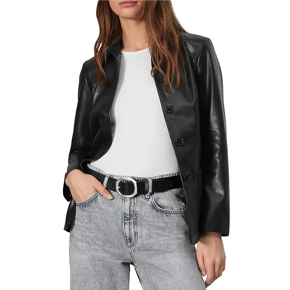 Rag Bone Drew Leather Jacket Women`s Size 4 Black Button Front Closure