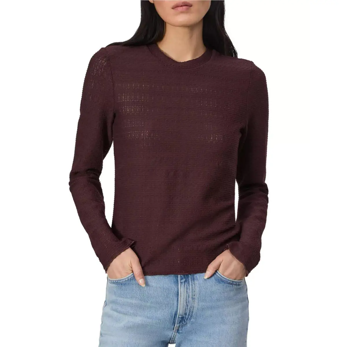 Rag Bone Julia Pointelle Tee Women`s XS Dark Purple Crewneck Long Sleeve