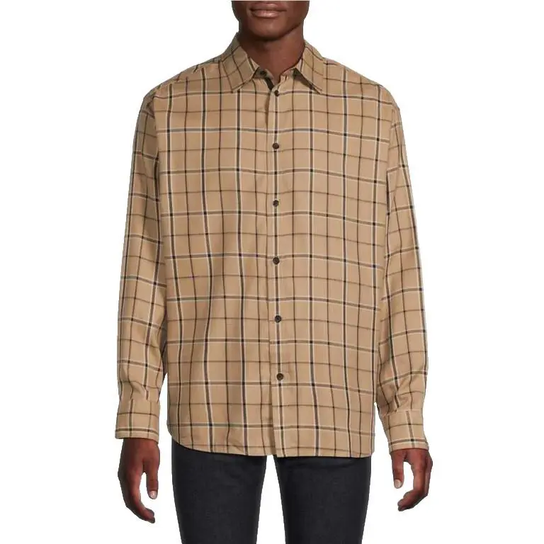 Rag Bone Matthew Long Sleeve Printed Flannel Shirt Taupe Plaid Medium