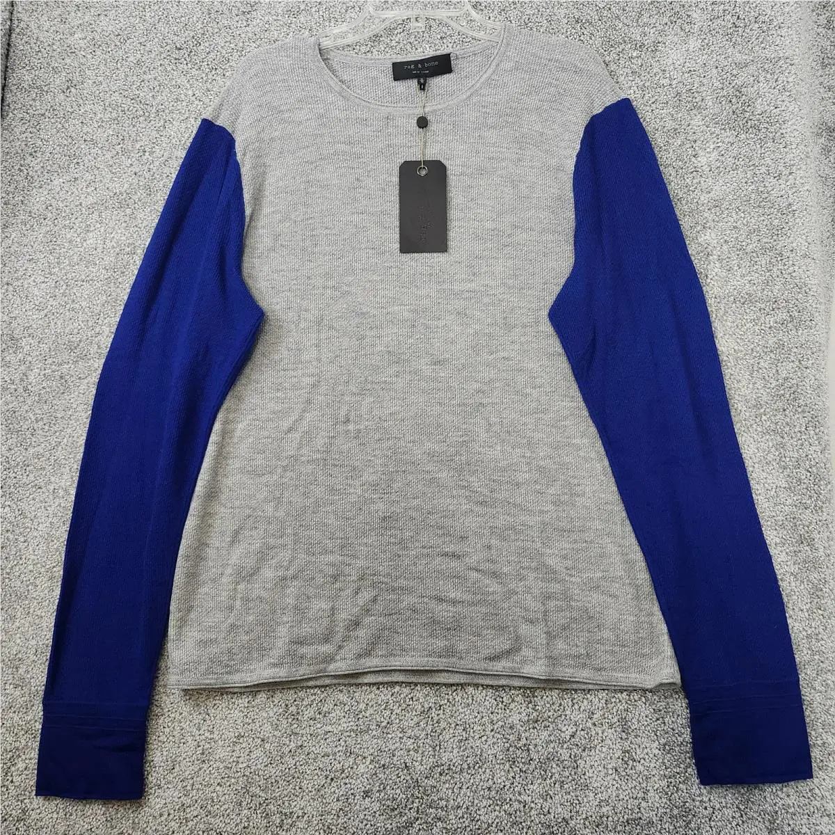 Rag Bone Sweater Mens XL Light Gray Blue Giles Crew Merino Wool Colorblock