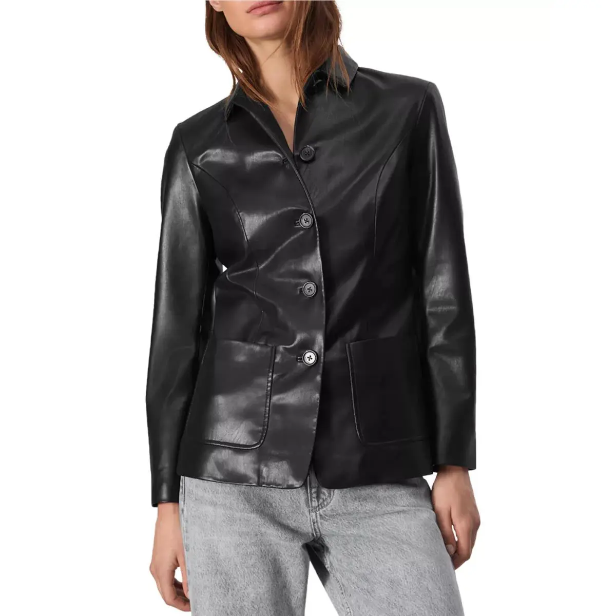 Rag Bone Drew Leather Jacket Women`s 2 Black Patch Pockets Button Front