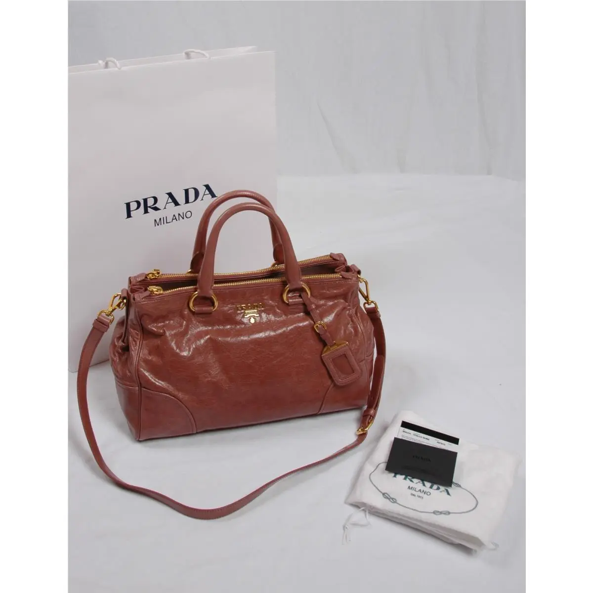Prada Vitello Shine Double Zip Shopping Tote Satchel BN2324 Antico Pink