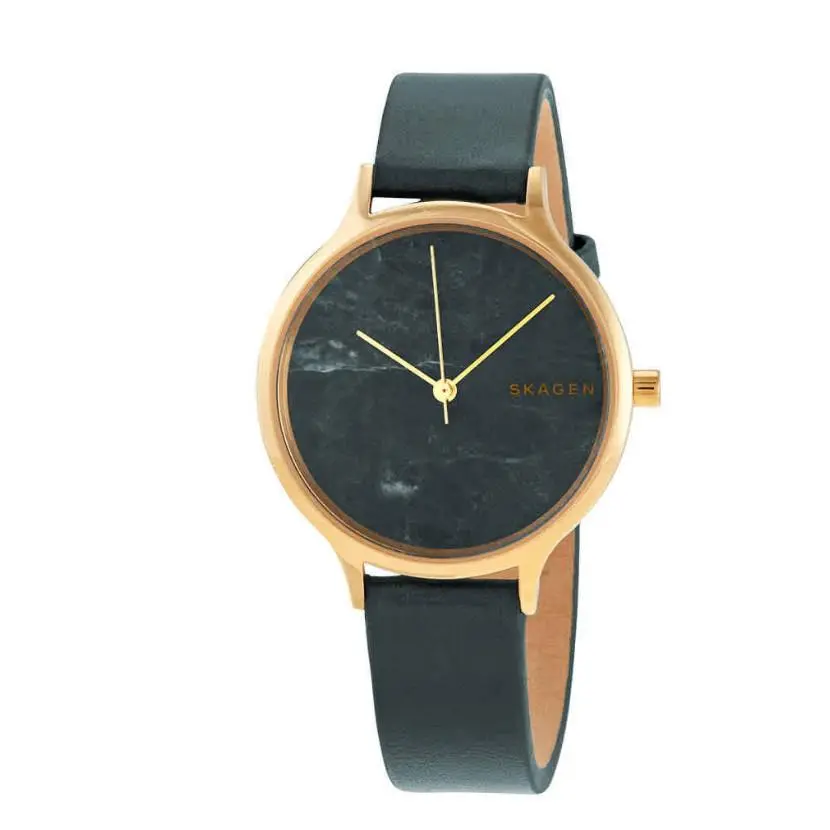 Quartz Watch Analog Leather Green Leather Strap Gold Case SKW2720 by Skagen