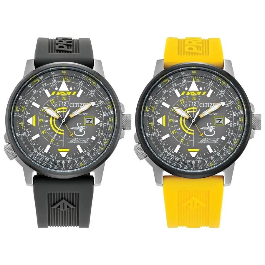 Citizen Promaster Sikorsky Nighthawk BJ7004-43H Blue Angels Leather Men`s Watch - Dial: Gray, Band: Gray, Yellow, Bezel: Silver