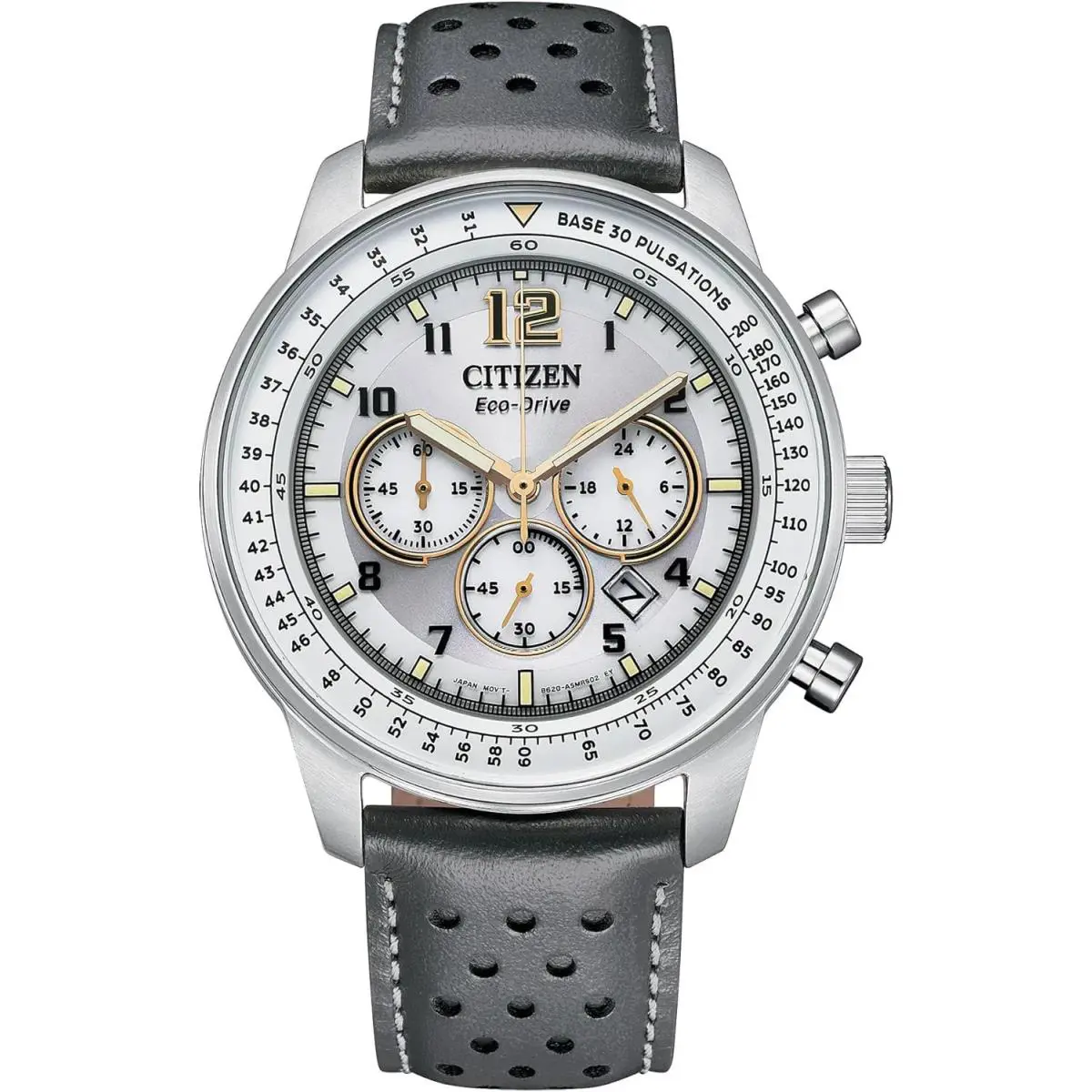 Citizen Eco-drive Chronograph Gray Leather Strap 44MM Men`s Watch CA4500-24H - Dial: Silver, Band: Gray, Bezel: Silver