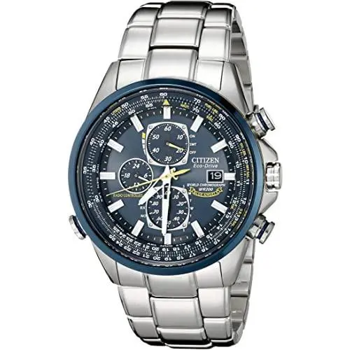 Citizen AT8020-54L Blue Angels World Perpetual Calendar Atomic Flight Mens Watch - Dial: Blue, Band: Silver, Bezel: Blue