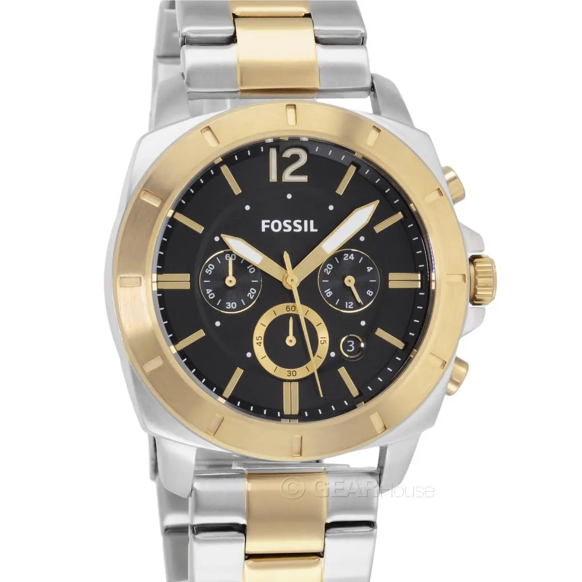 Fossil Privateer Mens Chronograph Watch Black Dial Two-tone Silver Gold Band
