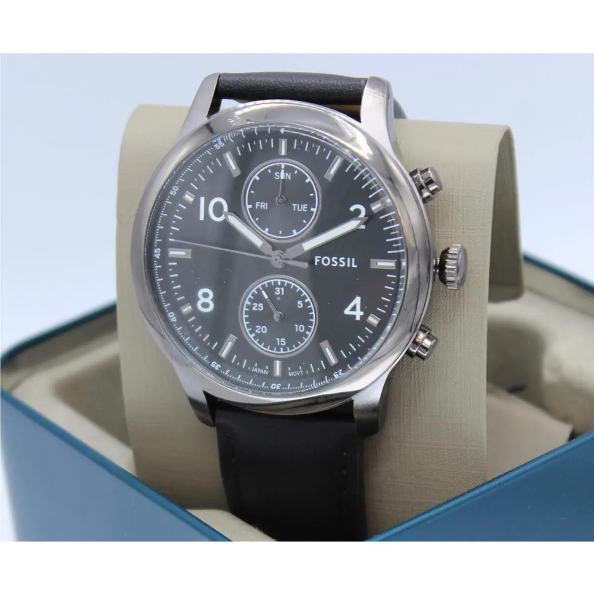 Fossil Bennett Smoke Grey Black Leather Chrono BQM7089 Men`s Watch