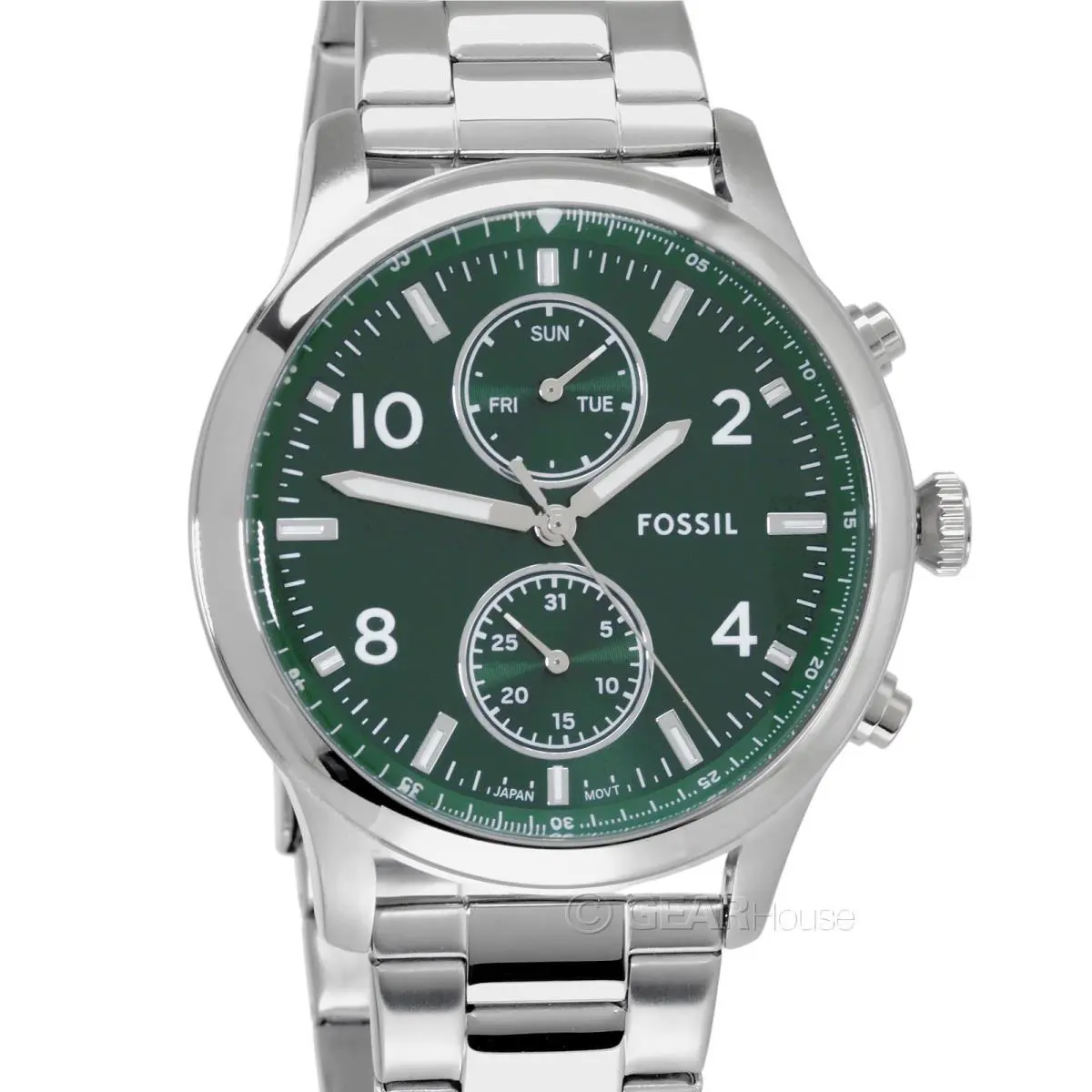 Bennett Mens Multifunction Watch Green Dial Day Date Stainless Steel Band by Fossil