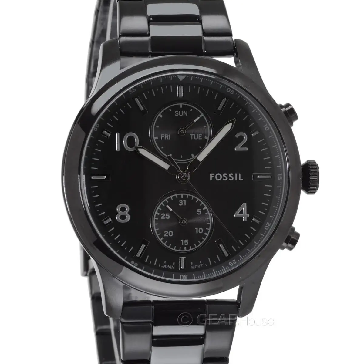 Fossil Bennett Mens Multifunction Watch Black Dial Day Date Stainless Steel Band