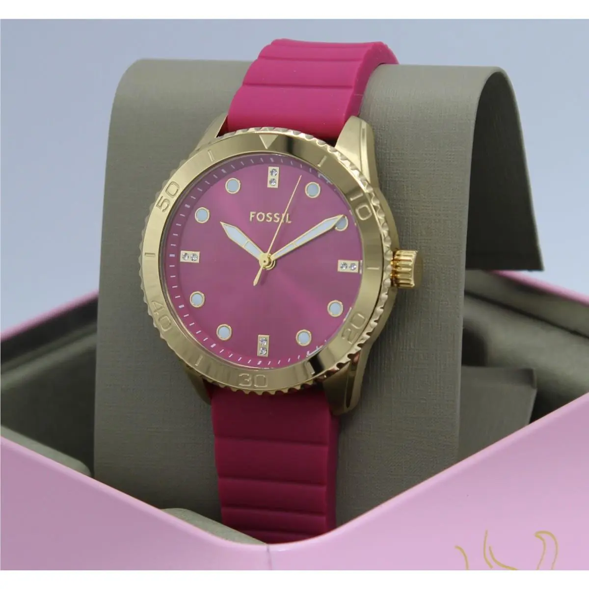 Fossil Dayle Gold Pink Silicone Crystals Women`s BQ5005 Watch
