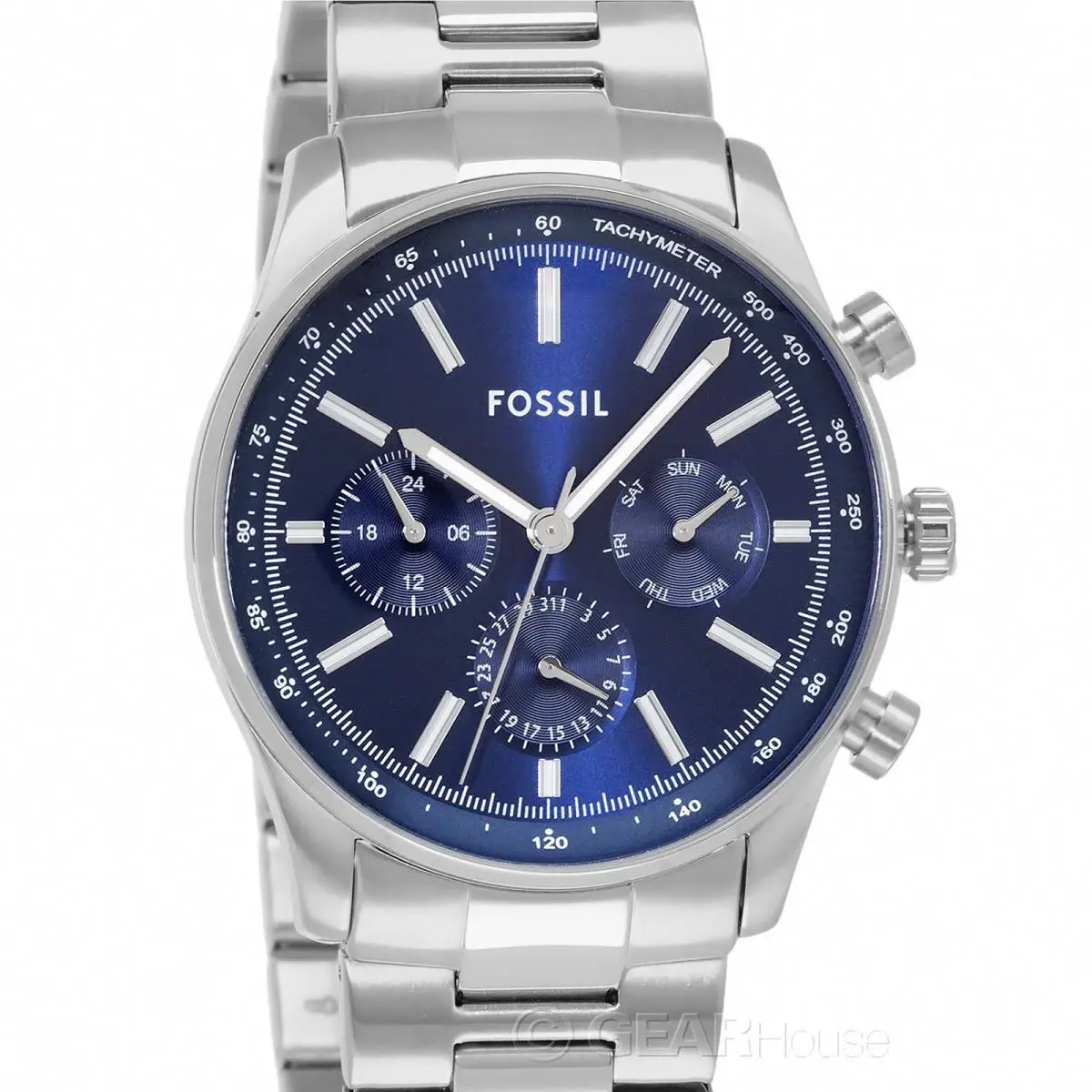 Fossil Sullivan Mens Multifunction Watch Blue Dial Silver Stainless Steel Band