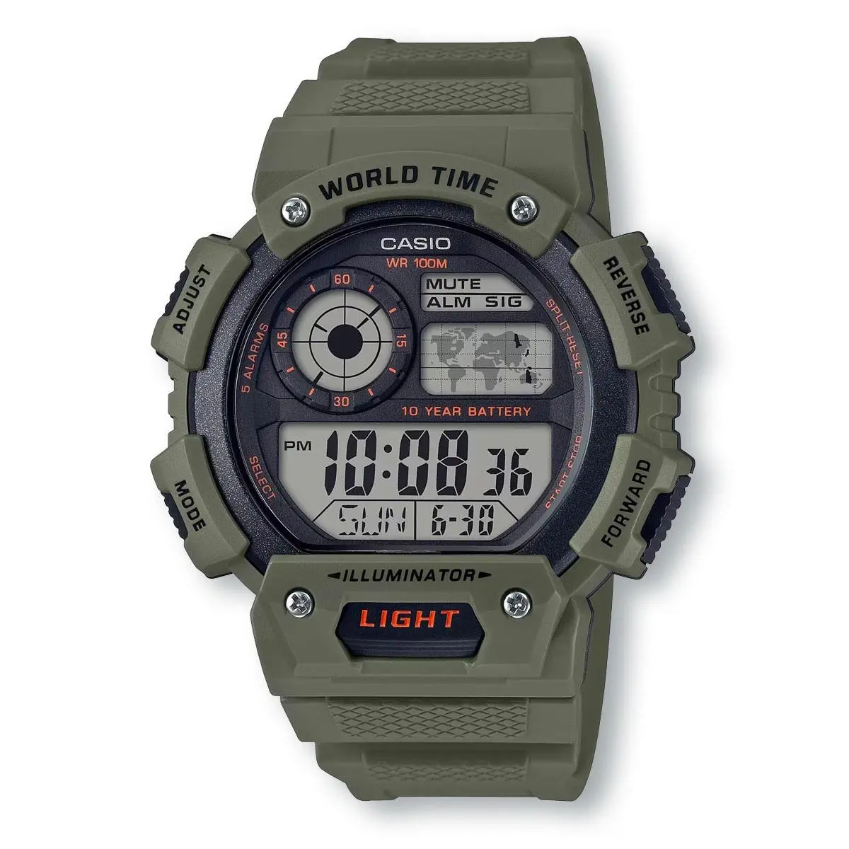 Casio AE1400WH-3AV Men`s Quartz Red Accent World Time Green Watch - Dial: Green, Red, Band: Green, Bezel: Green