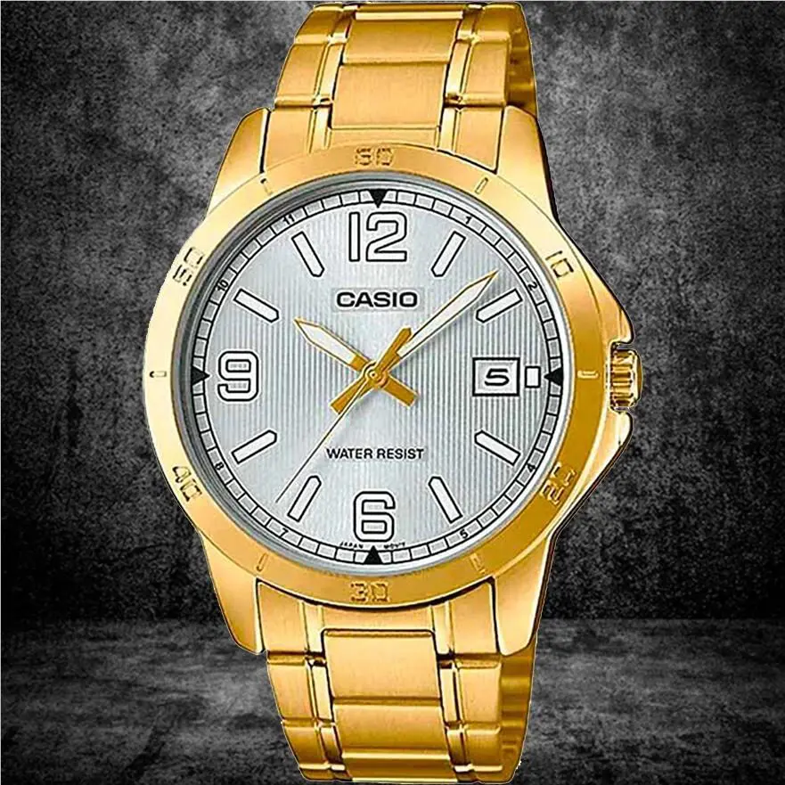 Casio MTP-V004G-7B2 Men`s White Analog Gold Watch Stainless Steel Band Date