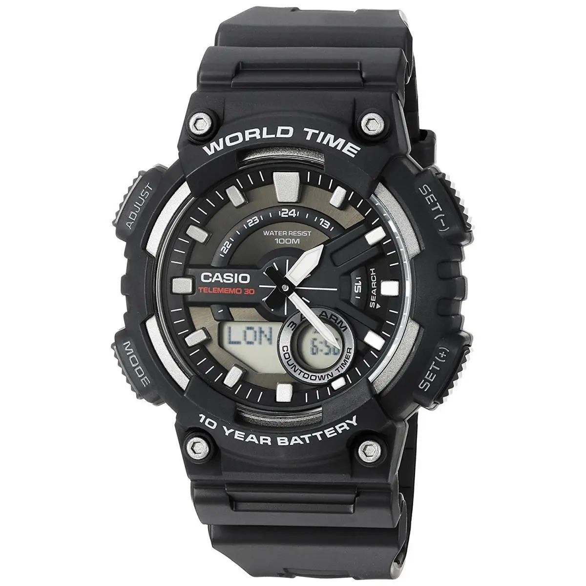 Casio Men`s Quartz World Time 10 Yr Battery Black Resin 47mm Watch AEQ110W-1A