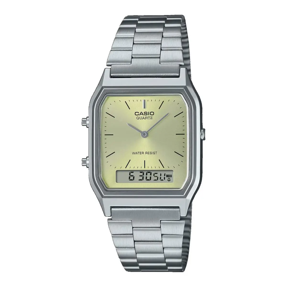 Casio AQ230A-9A Men`s Vintage Silver Tone Olive Gold Dial Analog Digital Watch