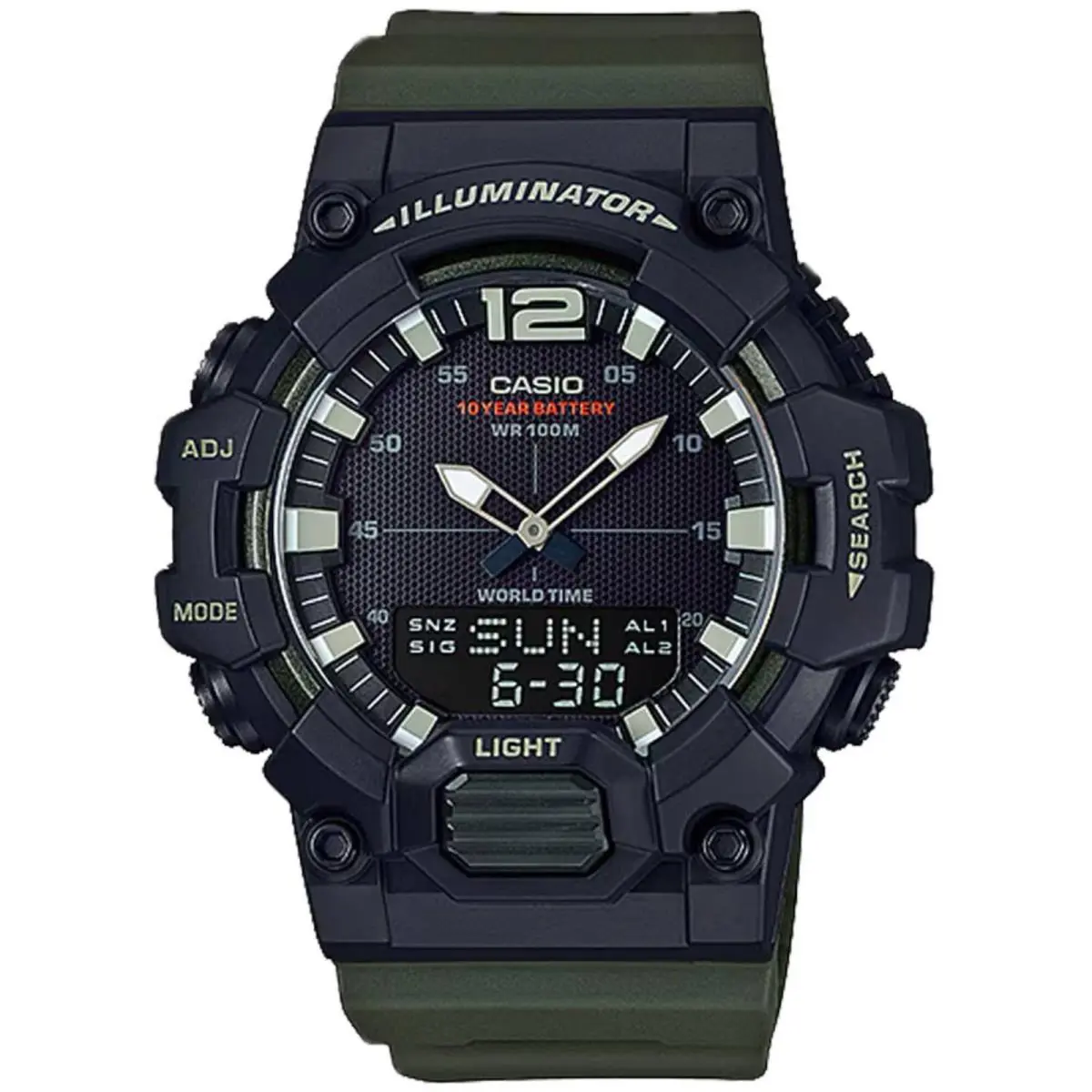 Casio Men`s Watch World Time Black Analog-digital Dial Green Strap HDC-700-3AV - Dial: Black, Band: Green, Bezel: Multicolor