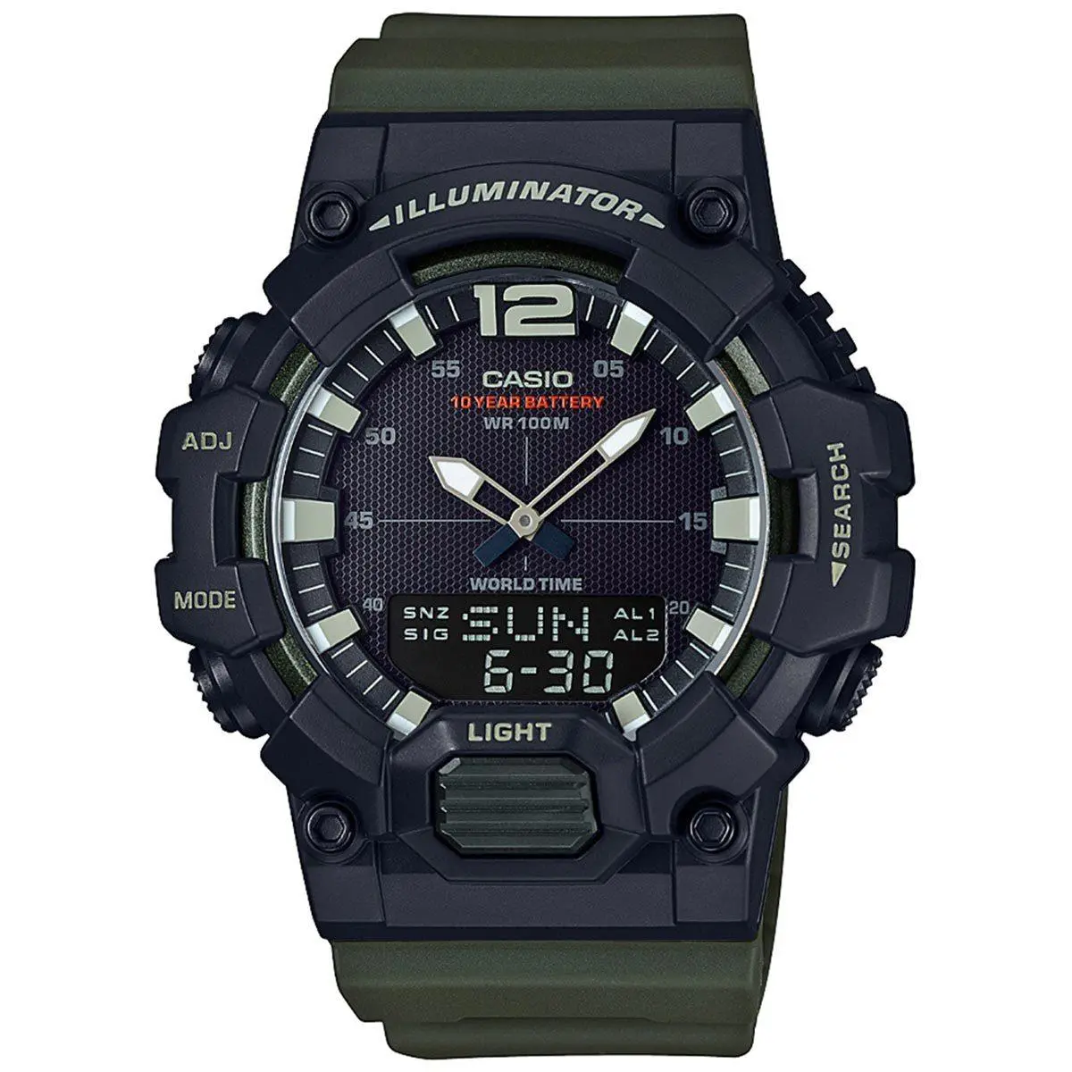 Casio HDC700-3AV 10 Year Battery Combo Green Resin Band 3 Alarms Telememo - Dial: Black, Band: Green, Bezel: Multicolor