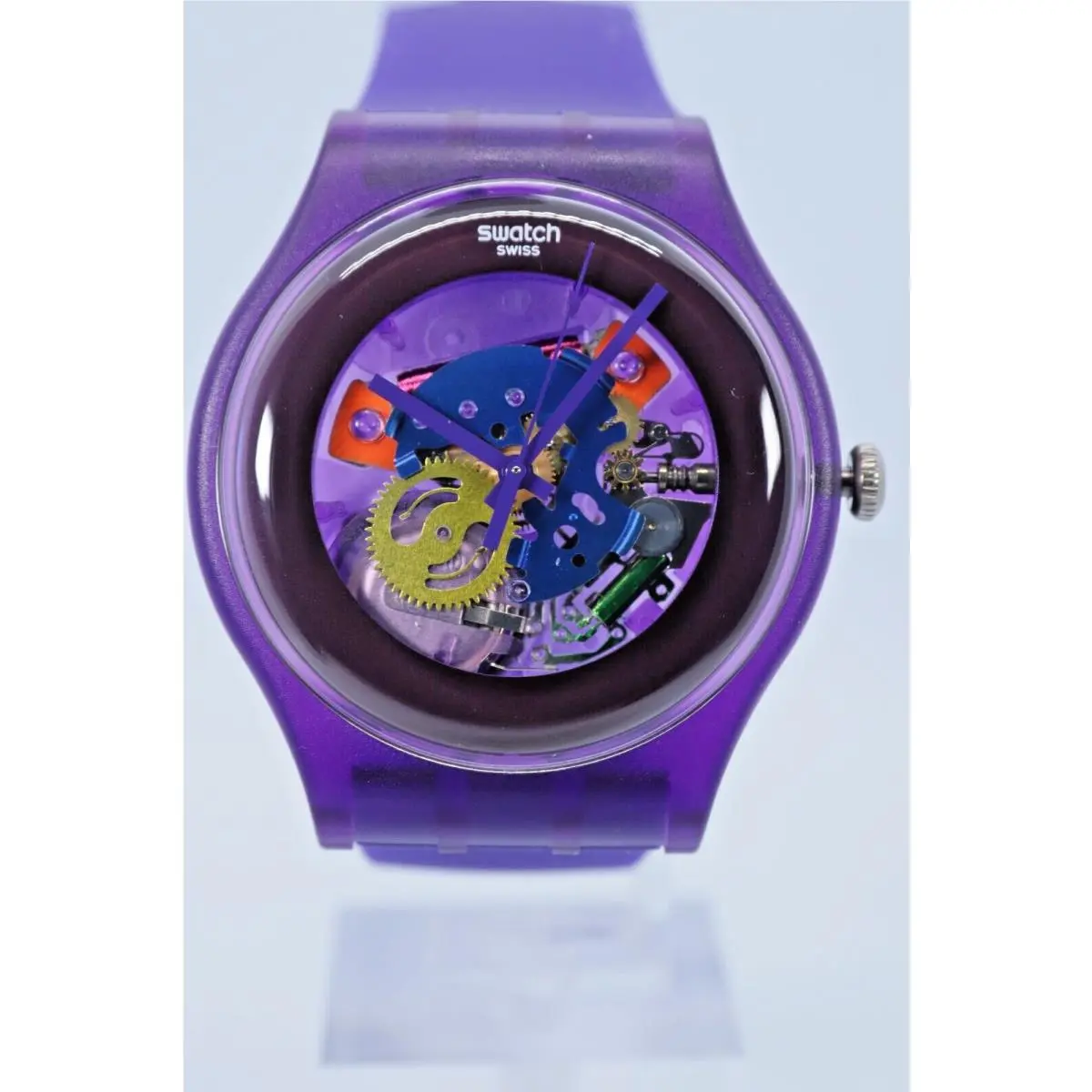 Limited Swiss Swatch Skel Gent Purple Lacquered Silicone Watch SUOV100 41MM
