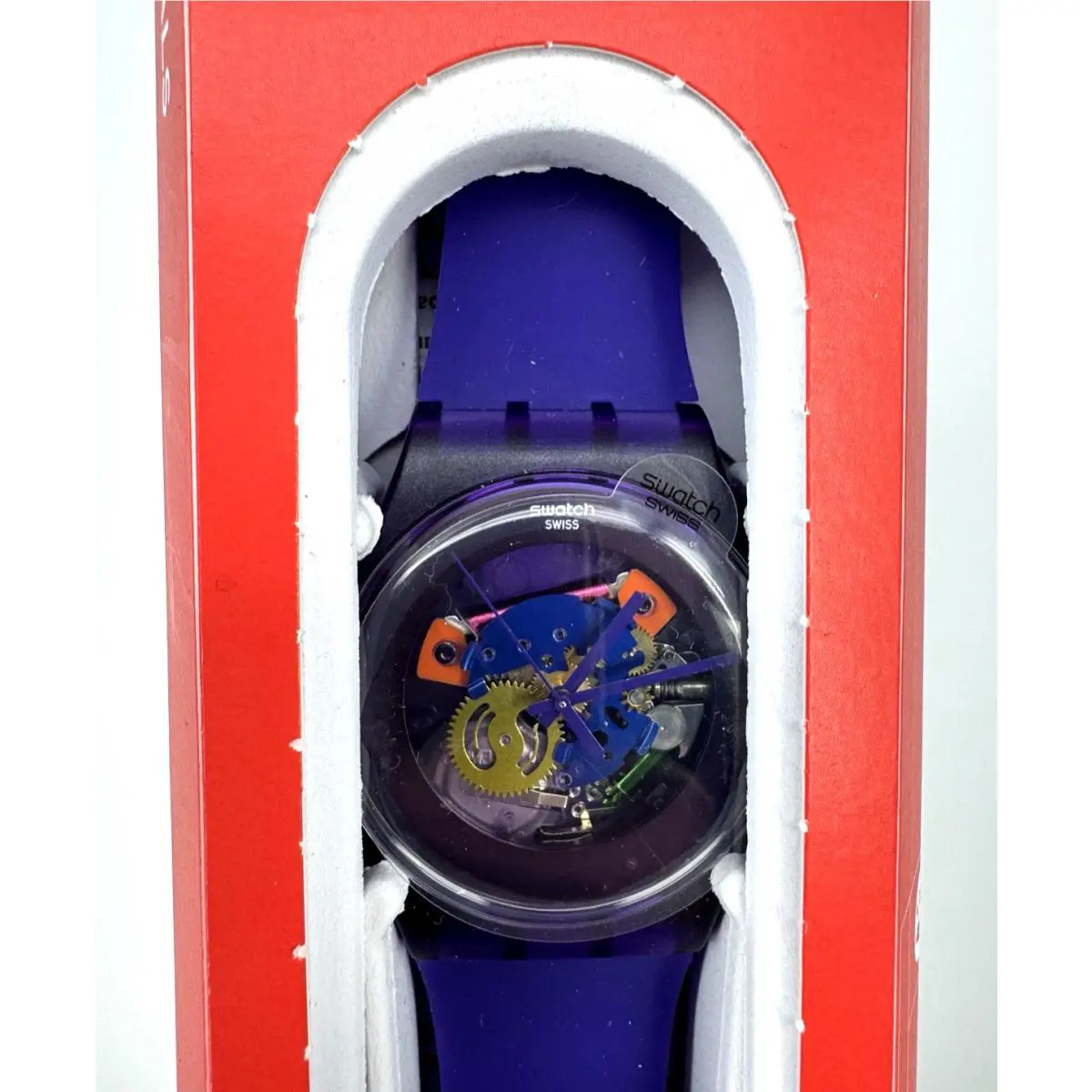 Limited Swiss Swatch Skel Gent Purple Lacquered Silicone Watch SUOV100 41MM