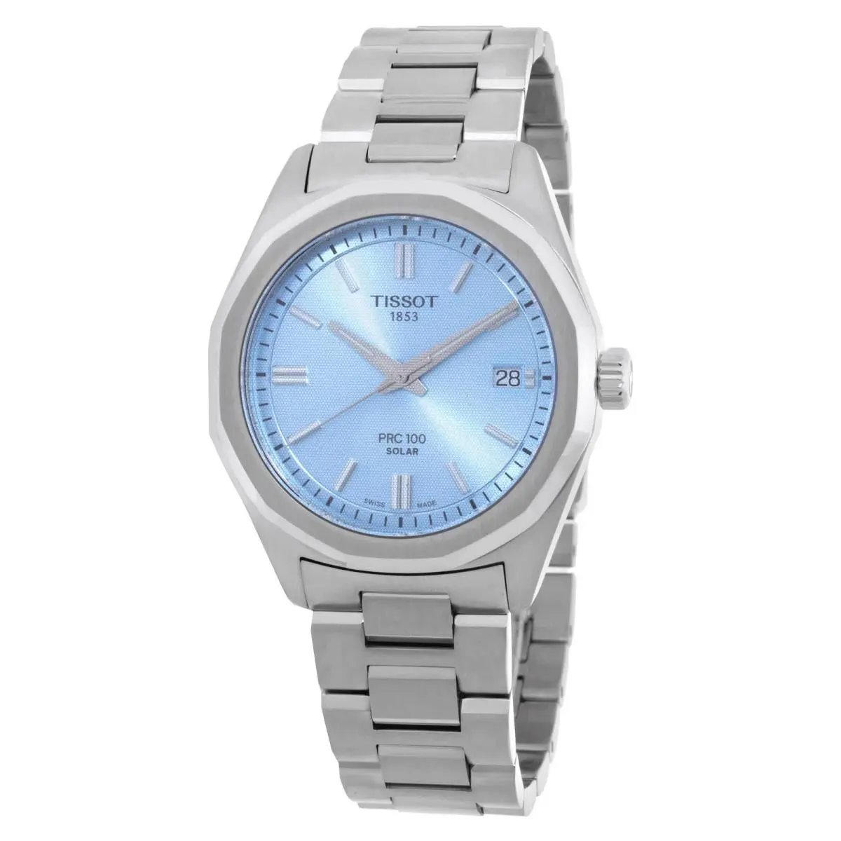 Tissot Prc 100 Quartz Solar Ice Blue Dial Ladies Watch T1518221135100 - Dial: Ice Blue, Band: Silver-tone, Bezel: Silver-tone