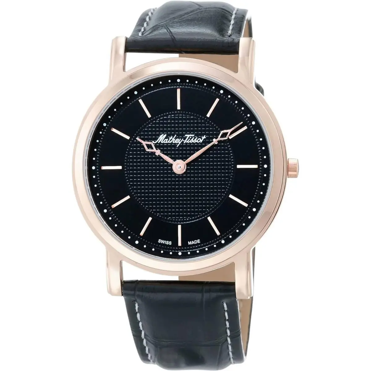 Mathey Tissot Men`s Watch City Quartz Rose Gold Case Black Dial Strap H611252PN
