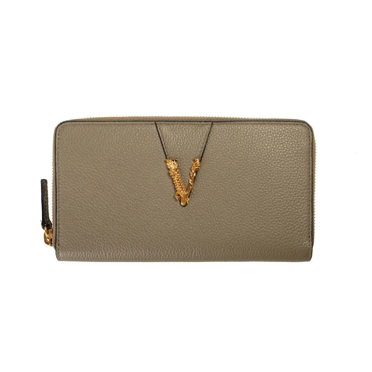 Versace Women`s Gray Grainy Leather Gold V-logo Zip Around Wallet