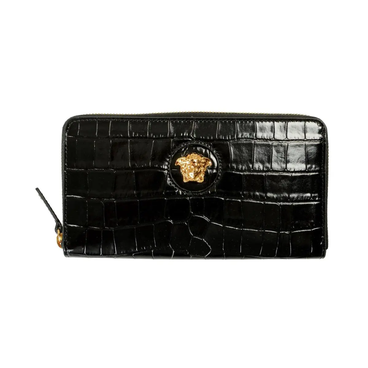 Versace Women`s Leather Croc Print Gold Medusa Head Zip Around Wallet