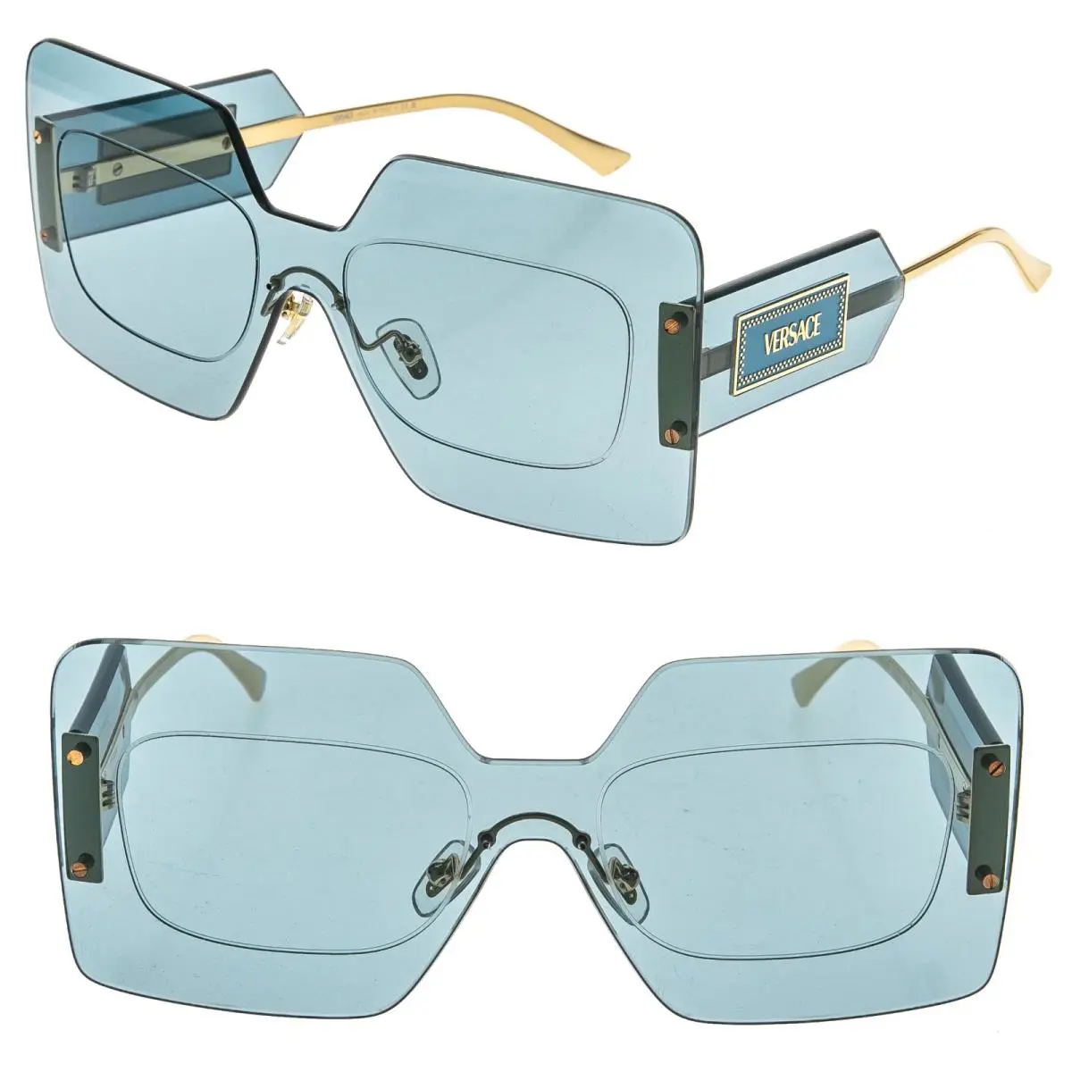 Versace VE2277 Damier Plaque 2277 Blue Unisex Rimless Shield Mask Sunglass