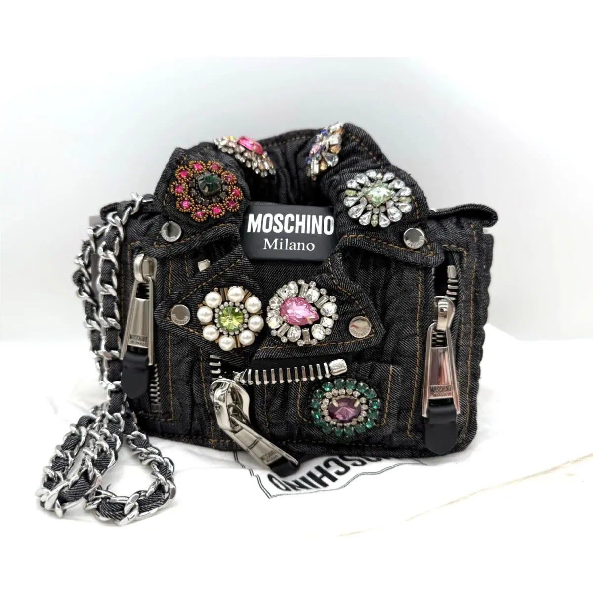 Moschino Biker Crystal Embellished Quilted Denim Crossbody Bag