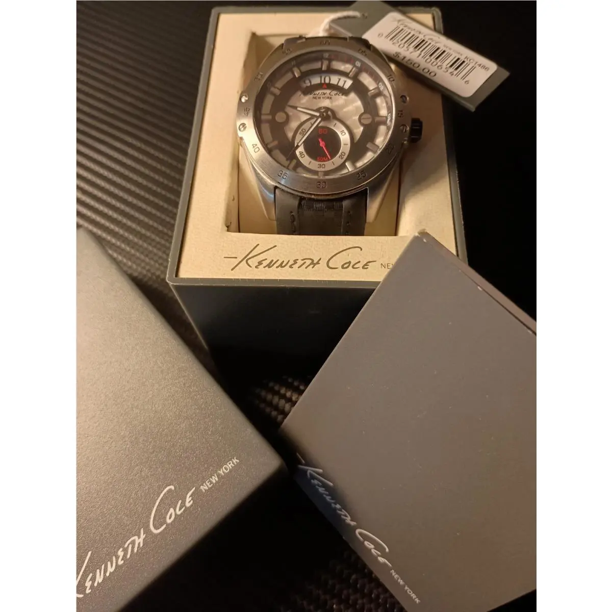 Kenneth Cole Watch Carbon Fiber Band Jeweled Dial Battery Leather Chrono
