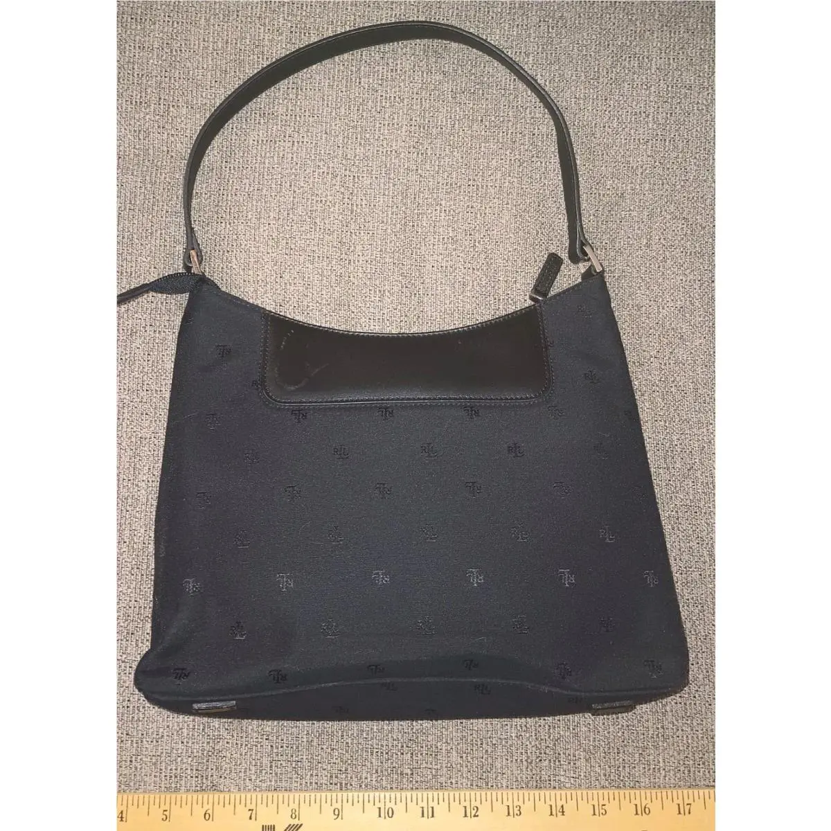 Ralph Lauren Black Hobo Shoulder Bag Small Logo Zip Canvas Leather