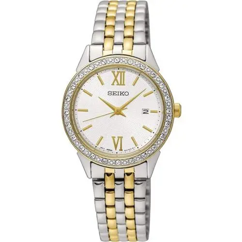Seiko Ladies Two Tone Stainless Steel Crystal Bezel Watch SUR686 - Dial: White, Band: Gold, Silver