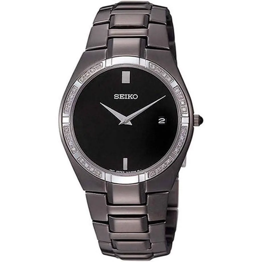 Seiko Black Dial Stainless Steel Men`s Watch Diamond Bezel SKP339 - Dial: Black, Band: Two-tone, Bezel: Black