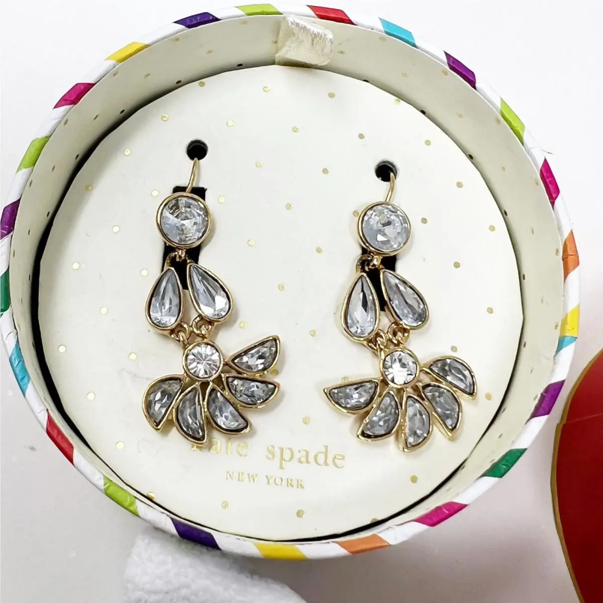 Kate Spade Earrings Gold Blue Pinwheel Flower Crystal Drop Dangles