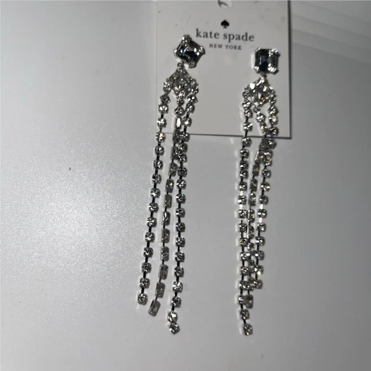 Kate Spade Statement Shimmy Fringe Silver Clear Long Earrings New