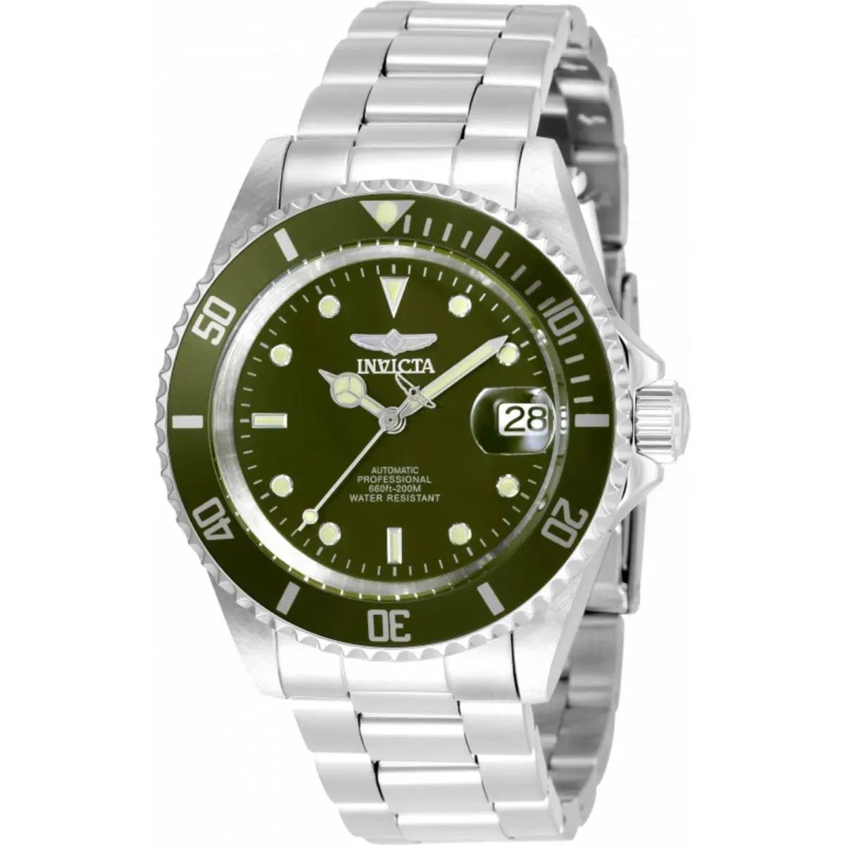 Invicta Men`s Watch Pro Diver Automatic Military Green Dial Silver Steel 35690