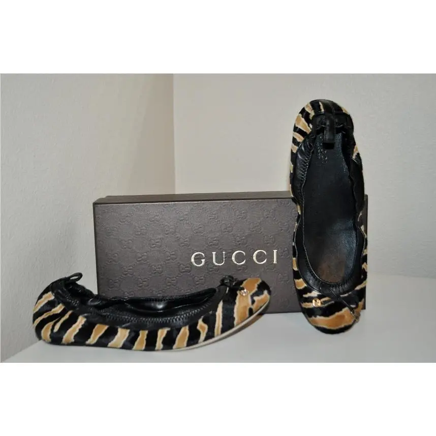 Gucci GG Charlotte Pony Animal Print Ballet Flat Shoes Eur 39 Caramel Black