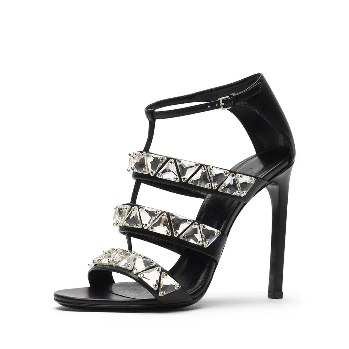 Black Leather Crystal Triple Band Strappy Sandals Heel Shoes EU 39 / 9 by Gucci