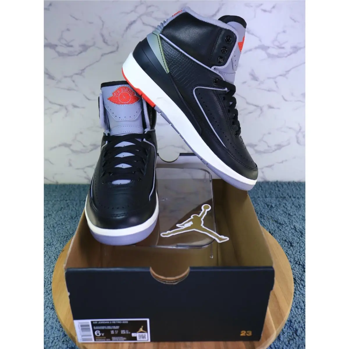 Nike Air Jordan 2 Retro Black Cement Grey Red White Sneaker DR8884-001 US Sz 6Y