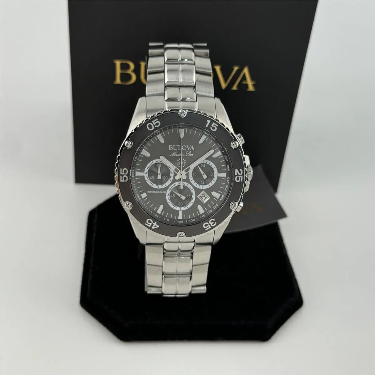 Bulova Marine Star 98B401Chronograph Black Dial Stainless Steel Men`s Watch 41.5
