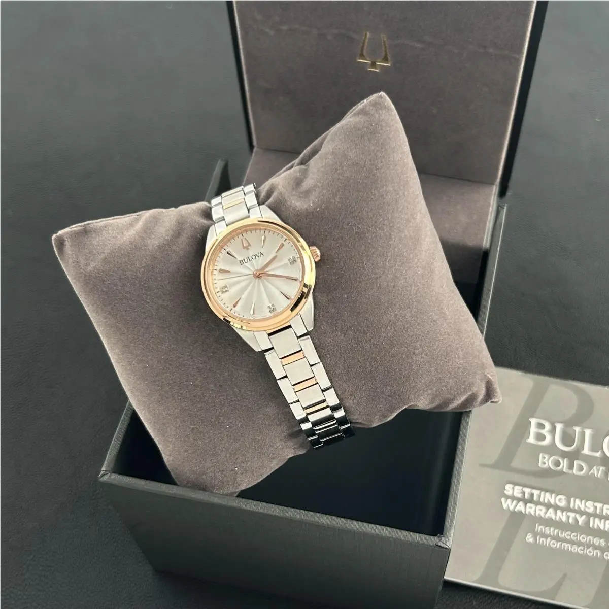 Bulova Sutton Diamond White/rose Gold Dial Women`s 28mm Quartz Watch 98P200