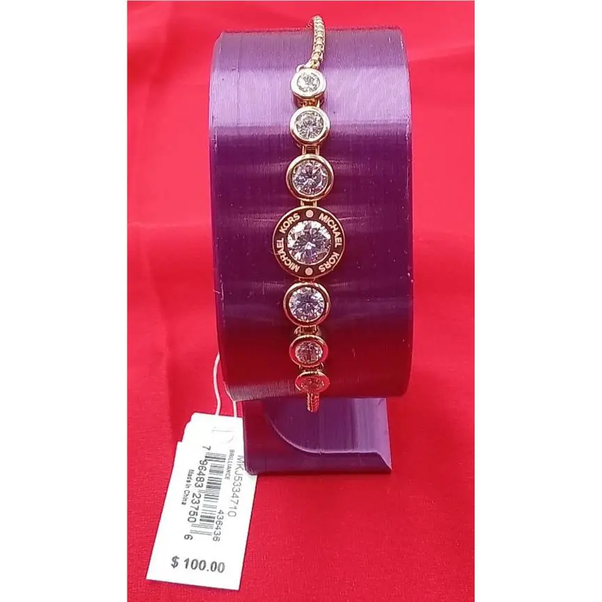 Michael Kors Women`s Stainless Steel Gold Tone Slider Bracelet w Crystal Accents