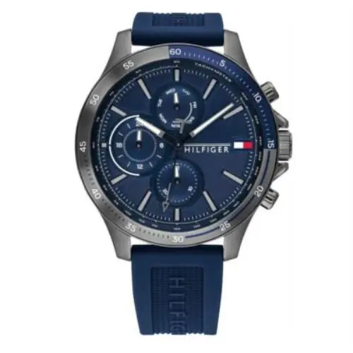 Tommy Hilfiger 1791721 Men`s Gray Case Blue Silicone Band Blue Dial Watch 46mm