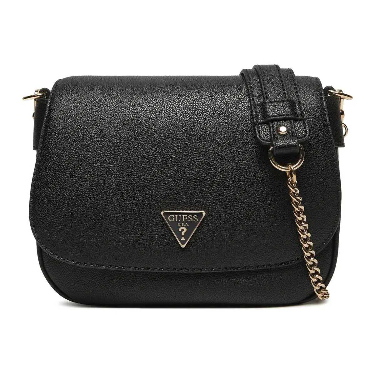 Guess Flap Closure Pebbled Leather Crossbody Saddle Womens Bag In Black