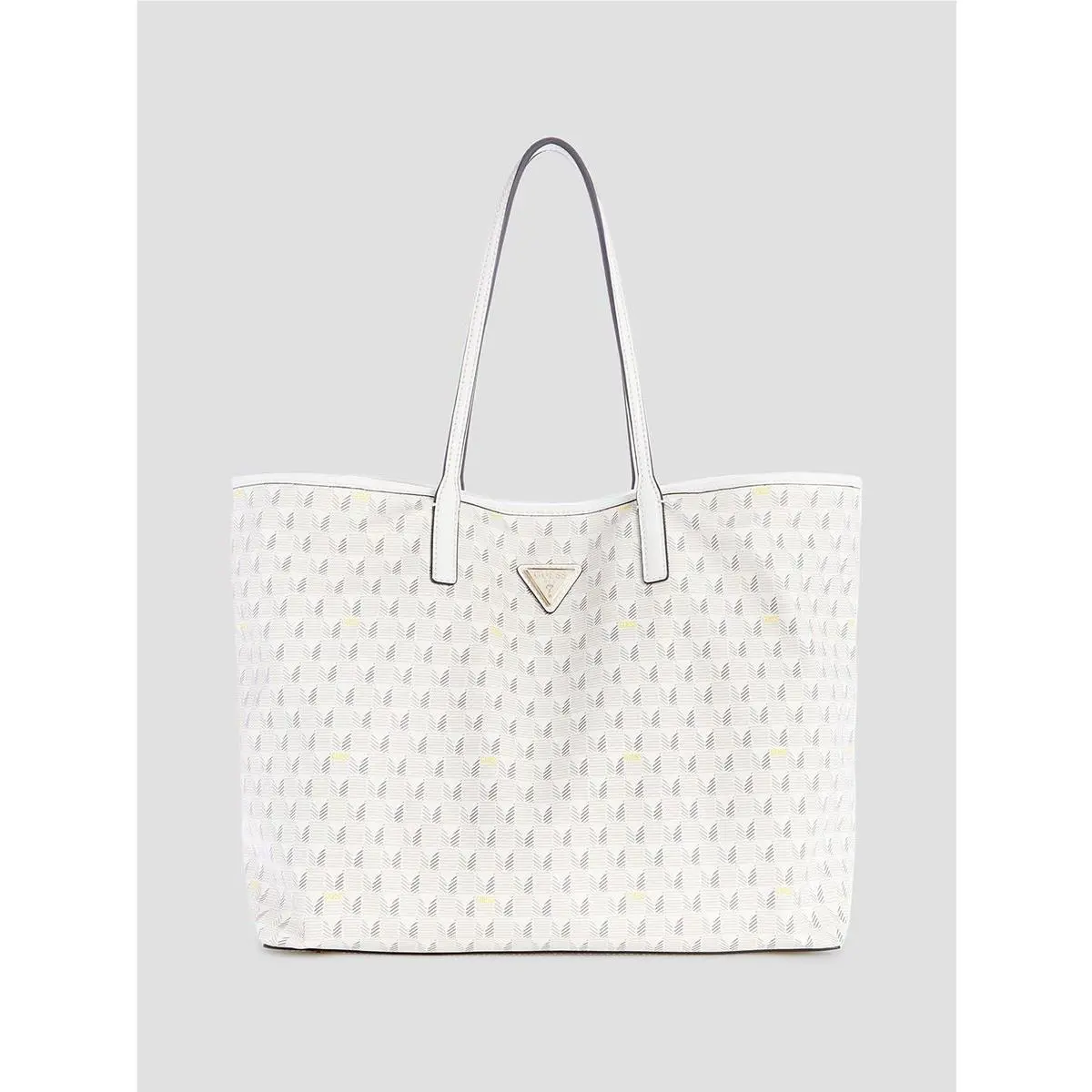 Guess Geometric Monogram Open Top Canvas Leather Tote Womens Bag In Steel