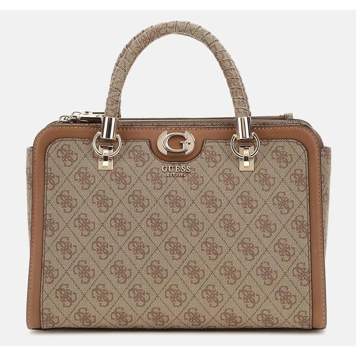 Guess Monogram Zipper Satchel Canvas Leather Top Handle Womens Bag In Brown