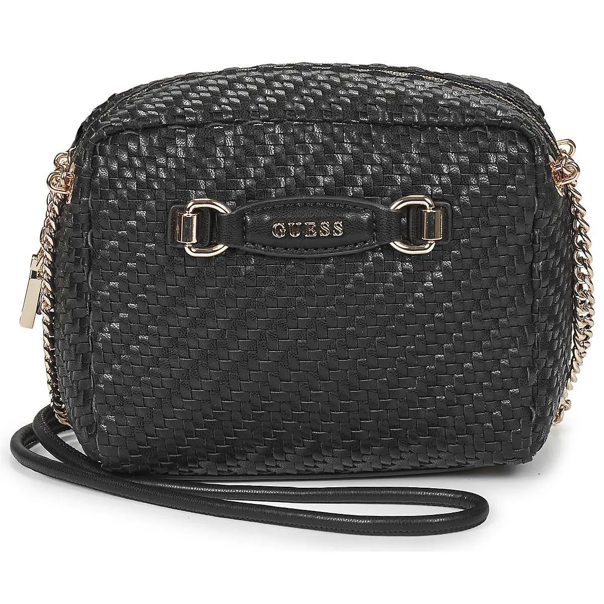 Guess Woven Zipper Leather Crossbody Camera Womens Bag In Black